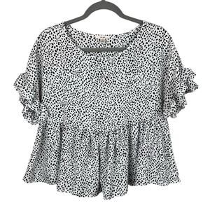 Mi Ami Blouse Peplum Ruffle Size S Spotted Black White Flowy Animal Print Top